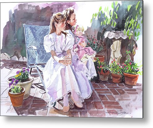 Watercolor Metal Print featuring the painting Sara and Erin Foster - Waiting for Lunch by David Lloyd Glover