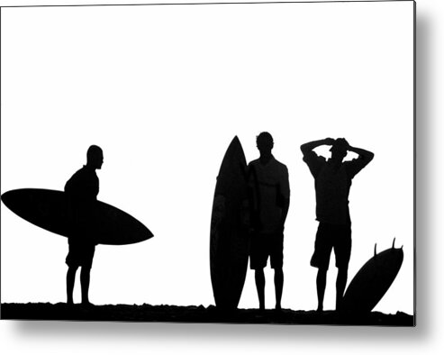 Black And White Metal Print featuring the photograph Silhouetted Surfers by Sean Davey