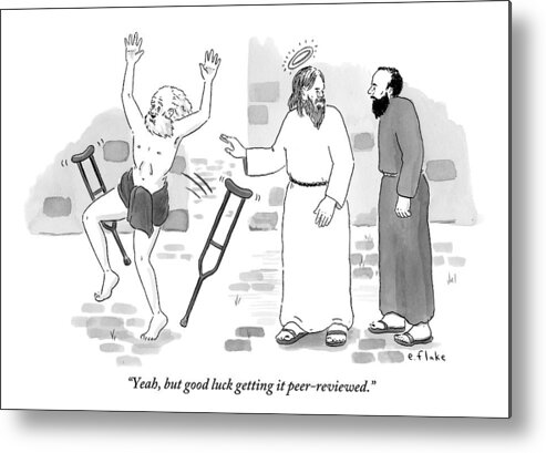 #condenastnewyorkercartoon Metal Print featuring the drawing Skeptical Monk Tells An Angel Who by Emily Flake
