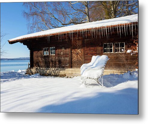 Tranquility Metal Print featuring the photograph Snow Covered Log Cabin, Lake Starnberg by Henglein And Steets