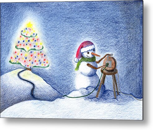 X'mas Metal Print featuring the drawing Snowman's X'mas by Keiko Katsuta