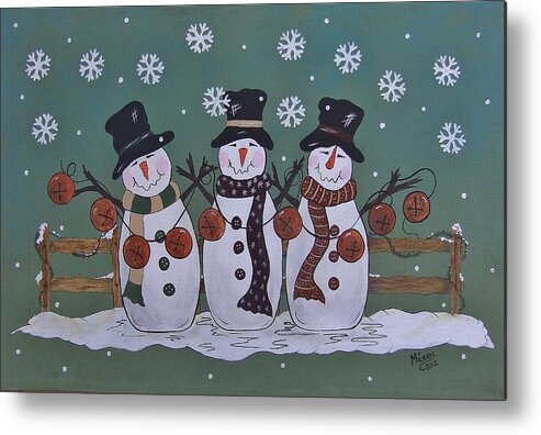 Snowmen Metal Print featuring the painting Snowmen Jingle by Cindy Micklos