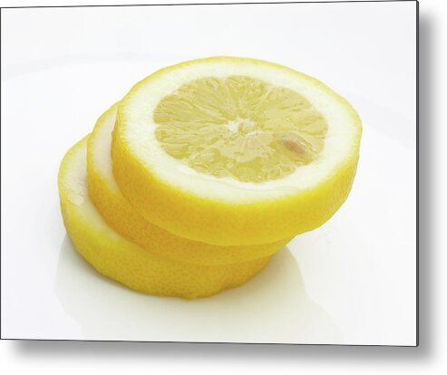 White Background Metal Print featuring the photograph Stack Of Three Freshly Cut Slices Of by Rosemary Calvert