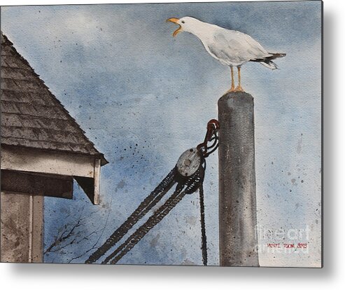 A Gull Perches Atop A Pole At An Inlet On The Coast Of Maine. Metal Print featuring the painting Staking A Claim by Monte Toon