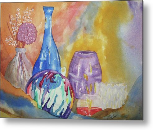 Wine Bottle Metal Print featuring the painting Still Life with Witching Ball by Ellen Levinson