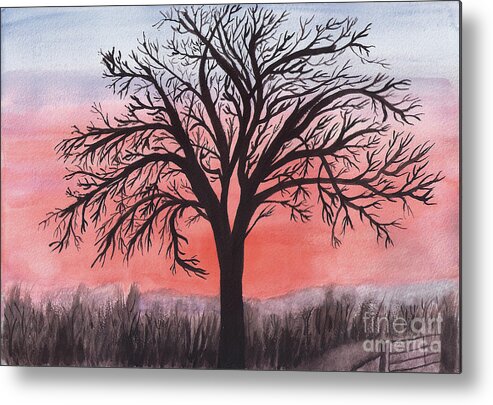 Sunrise Metal Print featuring the painting November Sunrise Walnut Tree Watercolor by Conni Schaftenaar