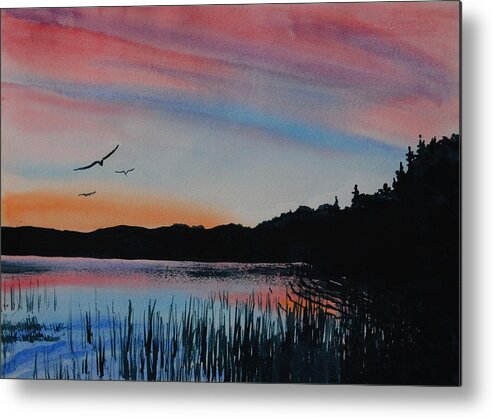 Landscape Metal Print featuring the painting Sunset with Reeds by Heidi E Nelson