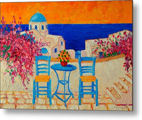 Greece Metal Print featuring the painting Table For Two In Santorini Greece by Ana Maria Edulescu