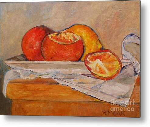 Barbara Moak Metal Print featuring the painting Tangerines with Lemon by Barbara Moak