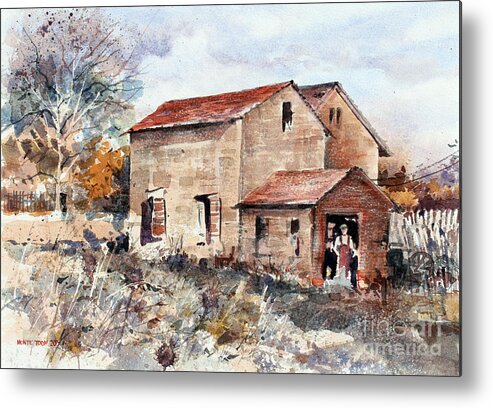 An Unusual Shaped Old Barn In A Overgrown Grass Filled Field. Metal Print featuring the painting Texas Barn by Monte Toon