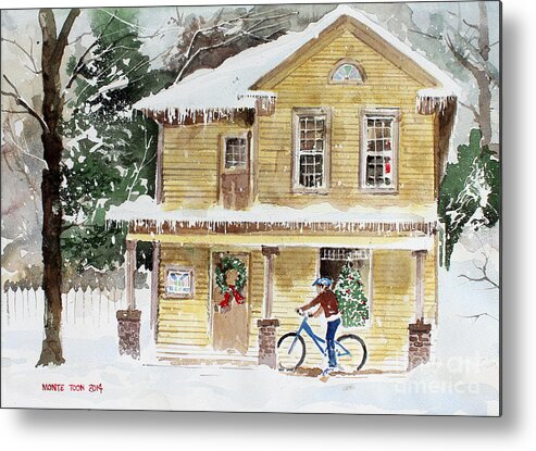 A Young Girl Briefly Tries Out Her New Bike On The Front Porch Of Her Snow Covered Home. Metal Print featuring the painting The Christmas Bike by Monte Toon