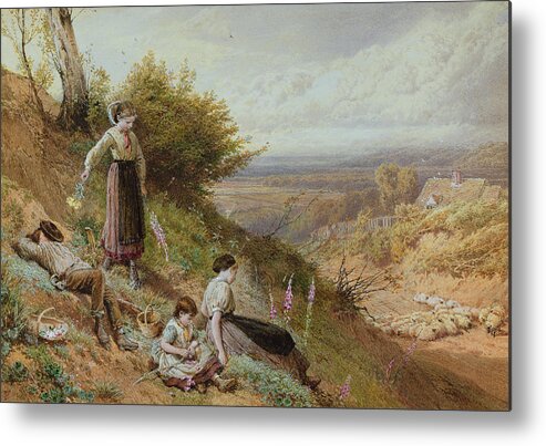 Landscape Metal Print featuring the painting The Hillside Gatherine Foxgloves by Myles Birket Foster