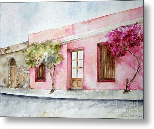 Colonial Houses Metal Print featuring the painting The Pink House in Colonia by Madie Horne