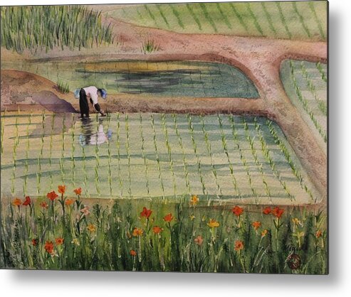 Fields Metal Print featuring the painting The Rice Planter by Kelly Miyuki Kimura