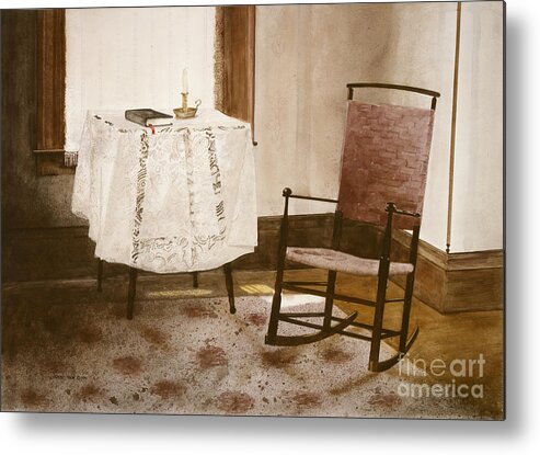 A Shaker Rocking Chair Is Placed Alongside A Small Table In The Trustee's Office At The Hancock Shaker Village In Western Massachusetts. Metal Print featuring the painting The Trustee by Monte Toon