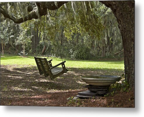 Landscape With Swing From Limb In Shade Metal Print featuring the photograph The Wooden Swing by Edward Shmunes