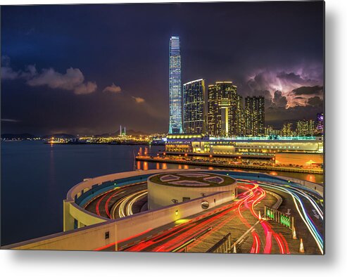 Thunderstorm Metal Print featuring the photograph Thunder Storm Over Hong Kong City by Coolbiere Photograph