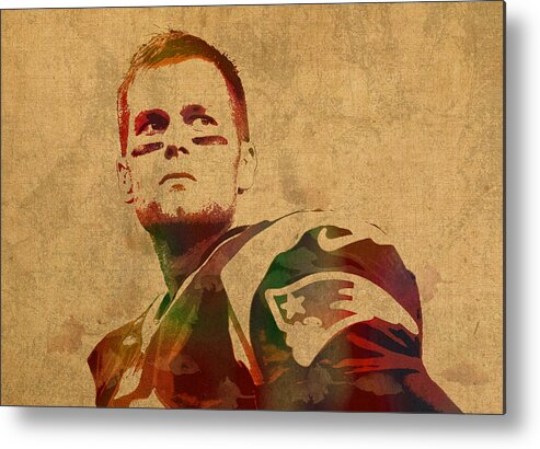 Tom Brady Metal Print featuring the mixed media Tom Brady New England Patriots Quarterback Watercolor Portrait on Distressed Worn Canvas by Design Turnpike