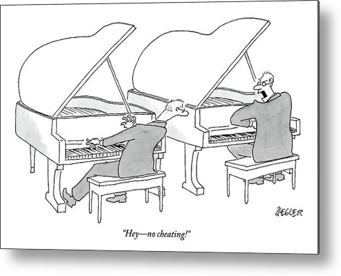 Cheating Metal Print featuring the drawing Two Concert Pianists Play Side-by-side by Jack Ziegler