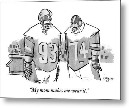 Helmets Metal Print featuring the drawing Two Football Players Are Talking To Each Other by John Klossner