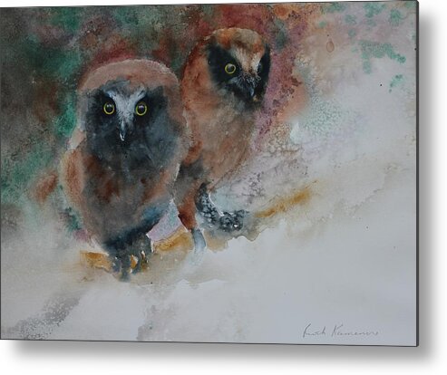 Owls Metal Print featuring the painting Two Hoots by Ruth Kamenev
