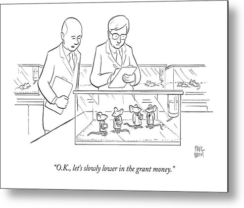 Captionless Cctk Metal Print featuring the drawing Two Scientists In Lab Coats Observe A Group by Paul Noth