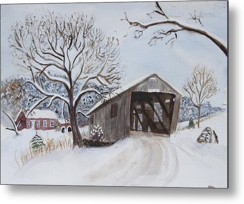 Vermont Metal Print featuring the painting Vermont Covered Bridge in Winter by Donna Walsh