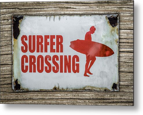 Carrying Metal Print featuring the photograph Vintage Surfer Crossing Sign On Wood by Mr Doomits