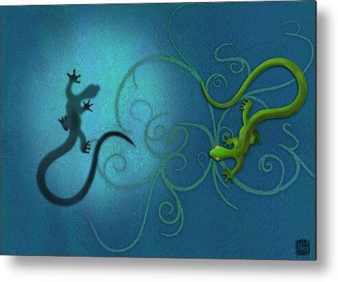 Gecko Metal Print featuring the digital art water colour print of twin geckos and swirls Duality by Sassan Filsoof