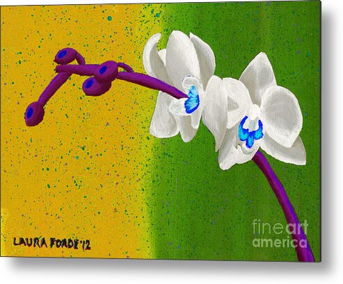 White Orchids Metal Print featuring the painting White Orchids on Yellow and Green by Laura Forde
