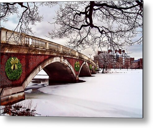 Boston Metal Print featuring the painting Winter Christmas on the Charles River Boston by Elaine Plesser
