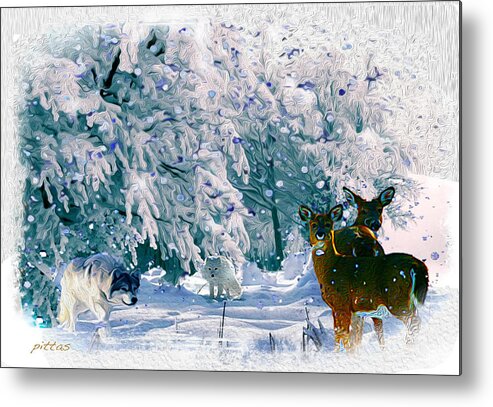 Winter Landscape Metal Print featuring the mixed media Winter Deer by Michael Pittas