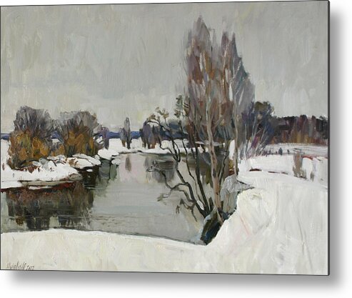 Winter Metal Print featuring the painting Winter on river Kliazma by Juliya Zhukova