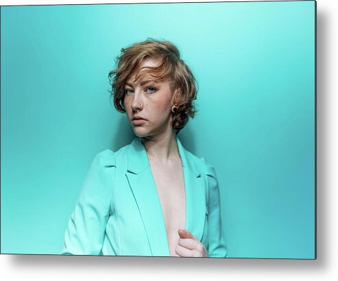 People Metal Print featuring the photograph Woman In Blue Jacket On Blue Background by Ian Ross Pettigrew