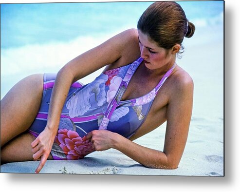 Fashion Metal Print featuring the photograph Yasmine Sokal Wearing A Floral Swimsuit by Arthur Elgort