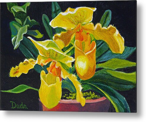 Yellow Lady Slippers Metal Print featuring the painting Yellow Lady Slippers by Susan Duda