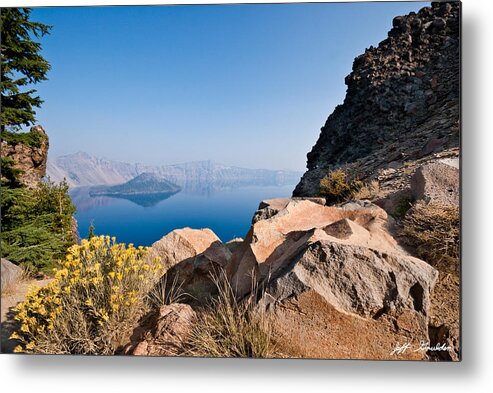 Awe Metal Print featuring the photograph Yellow Wildflowers and Rocks Above Crater Lake by Jeff Goulden