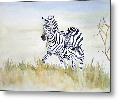 Zebra Metal Print featuring the painting Zebra Family by Laurel Best