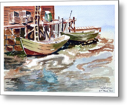 Boats Metal Print featuring the painting Boats At The Pier by Godwin Cassar