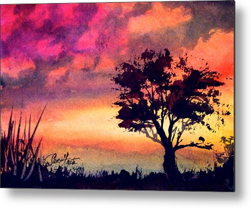 Red Metal Print featuring the painting Sunset Solitaire by Frank SantAgata