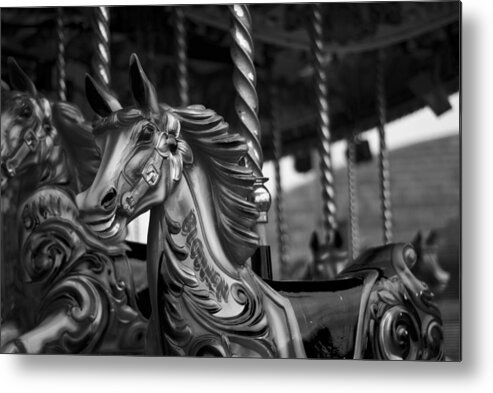 Merry Go Round Horses Metal Print featuring the photograph Carousel Horses Mono by Steve Purnell