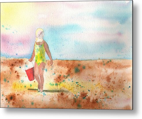 Sharon Mick Metal Print featuring the painting Day at the Beach by Sharon Mick