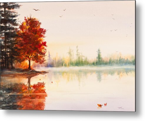 Autumn Metal Print featuring the painting Early Autumn Reflections Watercolor Painting by Michelle Constantine