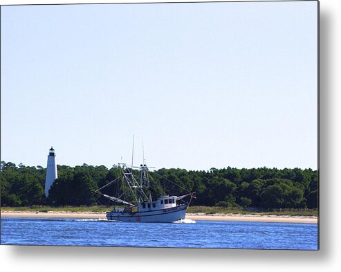 Boat Metal Print featuring the photograph Lighthouse and Shrimp Boat by Ralph Jones