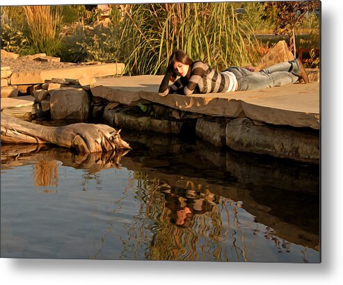 Mixed Media. Mixed Media Senior Photography. Senior Photography. Teen Girls. Teen Photography. Mirror Reflection Photography. Girl Reflecton. Water Reflection. Water Reflection Photography. River Reflection. Lake Reflection Photography. Girl Laying Down. Tree Water Reflection Photography. Bridge. Walk Way. Trail. Blue Water. Clam Water. Metal Print featuring the digital art Nikki by James Steele