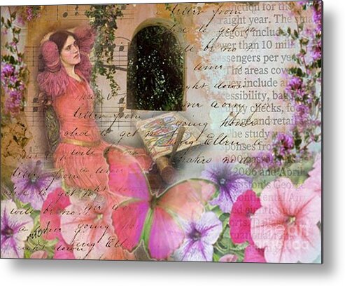 Art;digital Collage;vintage;lady;waterhouse;flowers;window Metal Print featuring the digital art Shadows of the Night by Ruby Cross