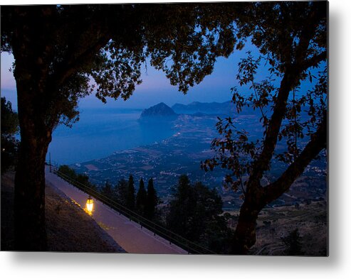 Dusk Sunset Landscape Sea Mediterranean Island Wide Panorama Light Latern Metal Print featuring the photograph Sicilian dusk by Marco Busoni