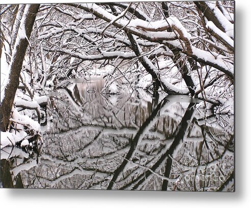 Snow Metal Print featuring the photograph Snowy trees over a creek by Sari ONeal
