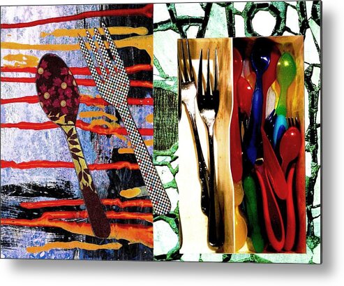 Patterns Weathered Faded Acrylic Painting Collage Spoons Forks Red Gold Purple Digital Photograph Photo Plastic Metal Print featuring the digital art Sometimes Its Plastic by Jann Sage