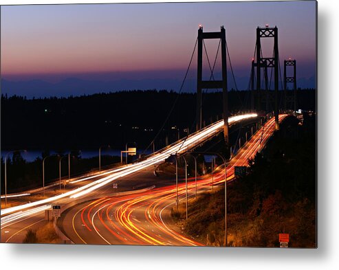 Tacoma Metal Print featuring the photograph Tacoma Narrows Bridges Flowing Light by Rob Green